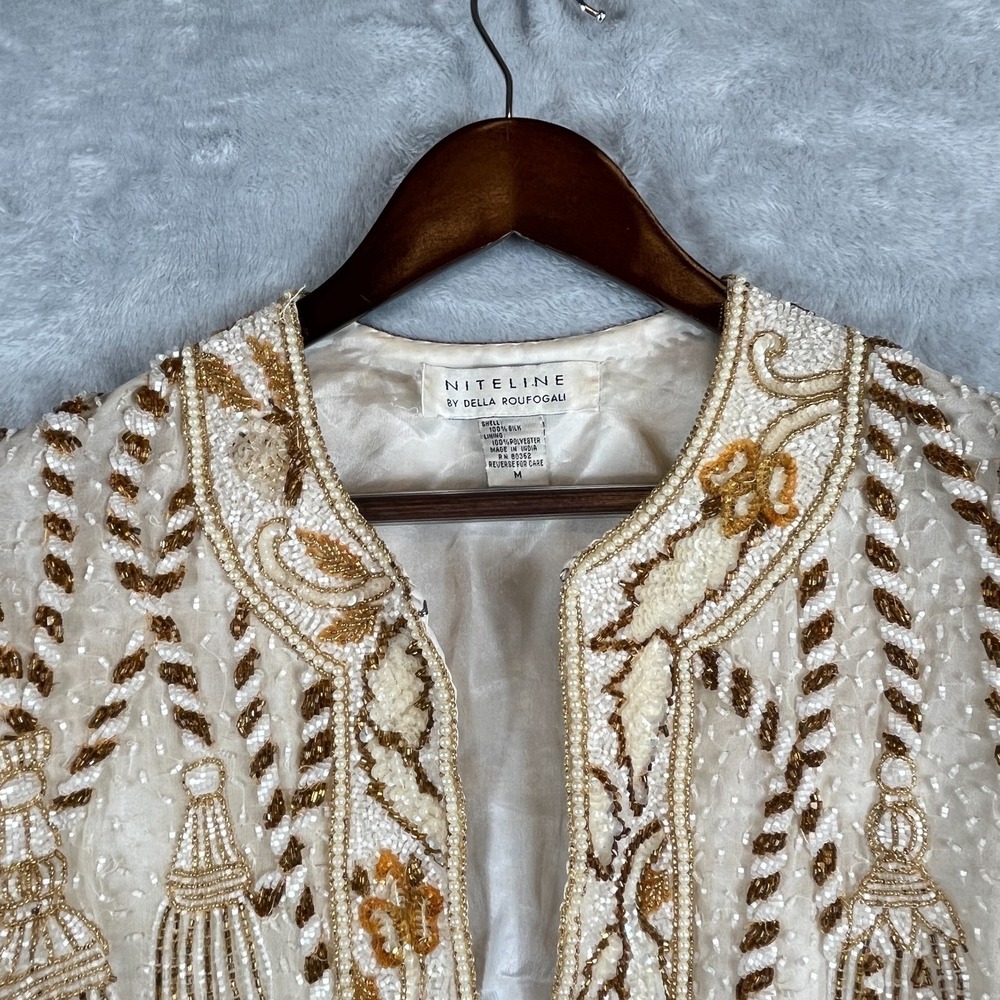 Vintage Niteline Della Roufogali Womens M Silk Beaded Tassel Evening Jacket Gold - Picture 9 of 16
